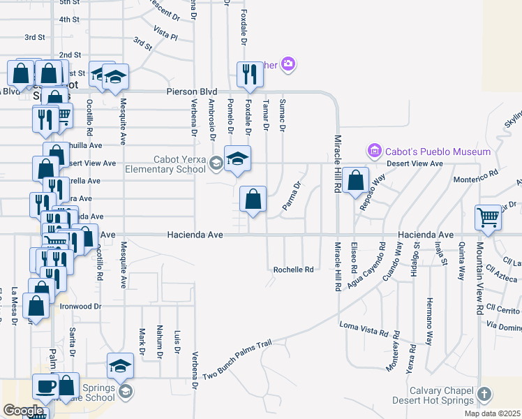 map of restaurants, bars, coffee shops, grocery stores, and more near 12801 Tamar Drive in Desert Hot Springs