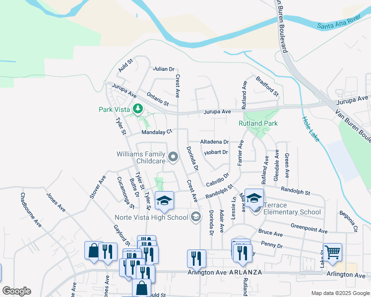 map of restaurants, bars, coffee shops, grocery stores, and more near 6885 Dorinda Drive in Riverside