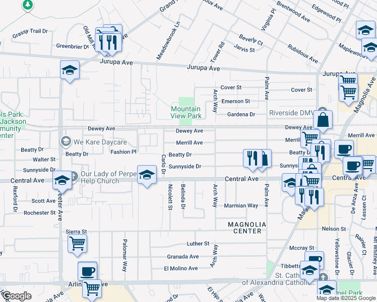 map of restaurants, bars, coffee shops, grocery stores, and more near 4805 Beatty Drive in Riverside