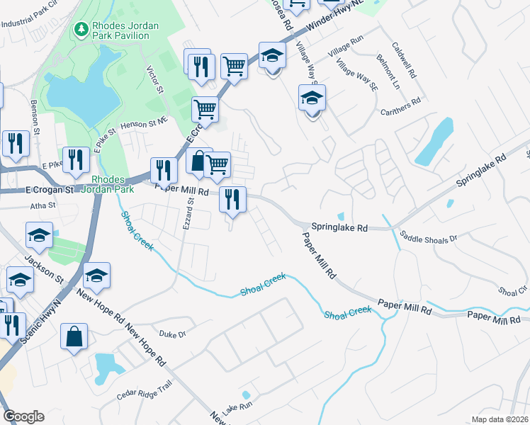map of restaurants, bars, coffee shops, grocery stores, and more near 208 Britt Drive in Lawrenceville