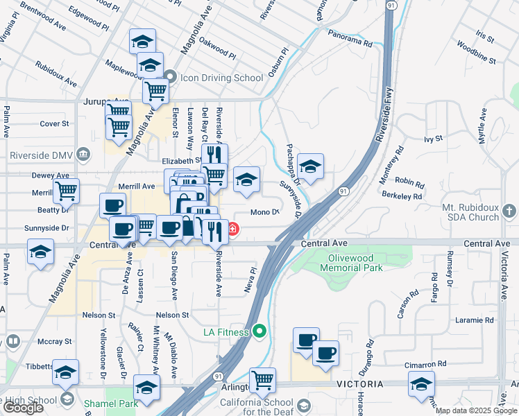 map of restaurants, bars, coffee shops, grocery stores, and more near 3455 Mono Drive in Riverside