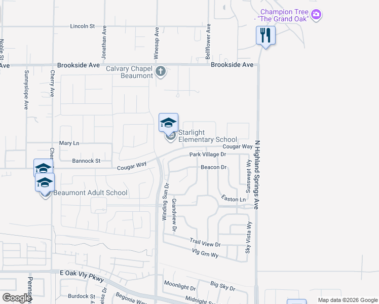 map of restaurants, bars, coffee shops, grocery stores, and more near 1556 Park Village Drive in Beaumont