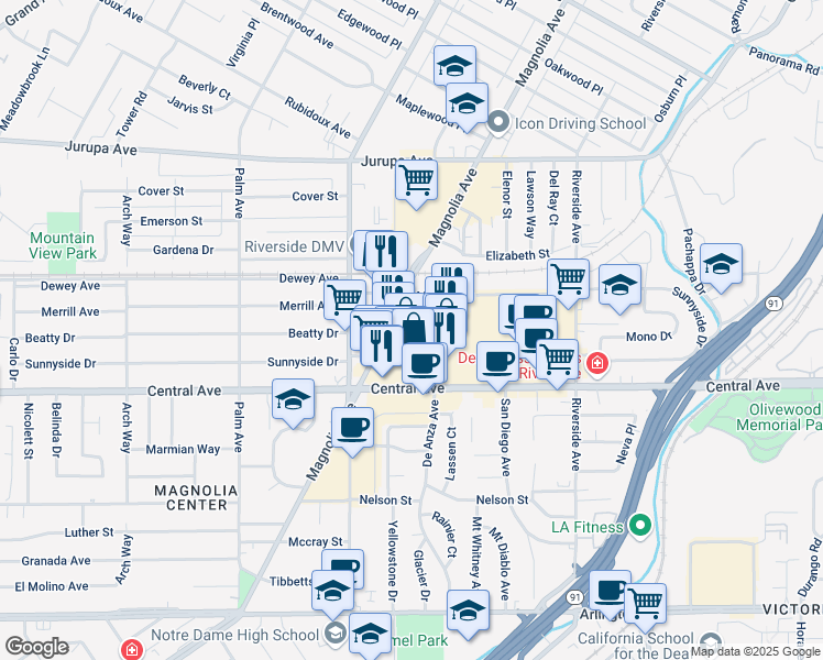 map of restaurants, bars, coffee shops, grocery stores, and more near 3696 Beatty Dr in Riverside
