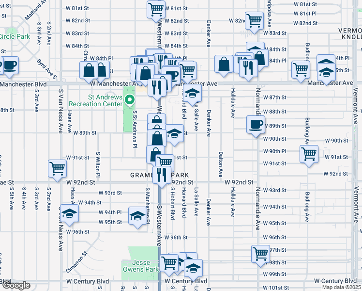 map of restaurants, bars, coffee shops, grocery stores, and more near 8931 Harvard Boulevard in Los Angeles