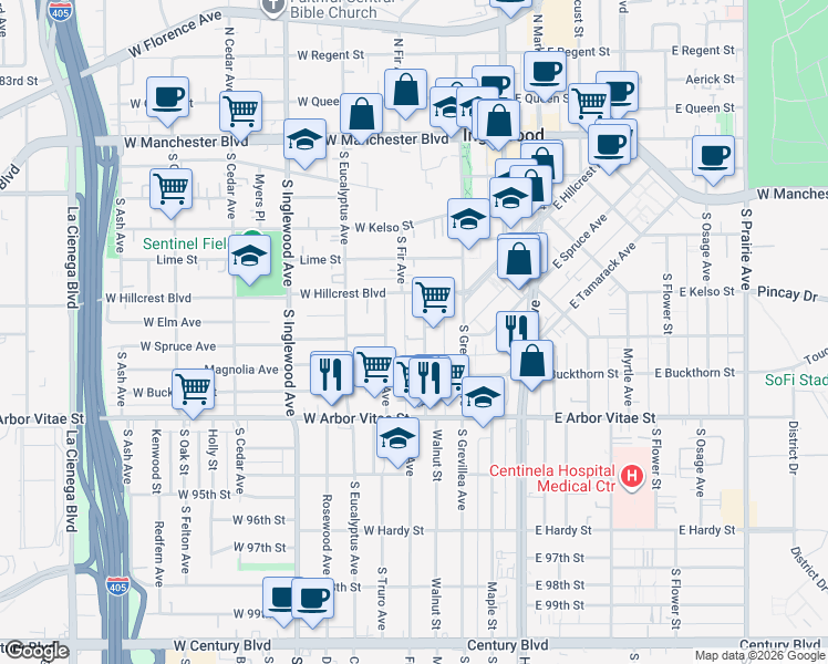 map of restaurants, bars, coffee shops, grocery stores, and more near 630 South Fir Avenue in Inglewood
