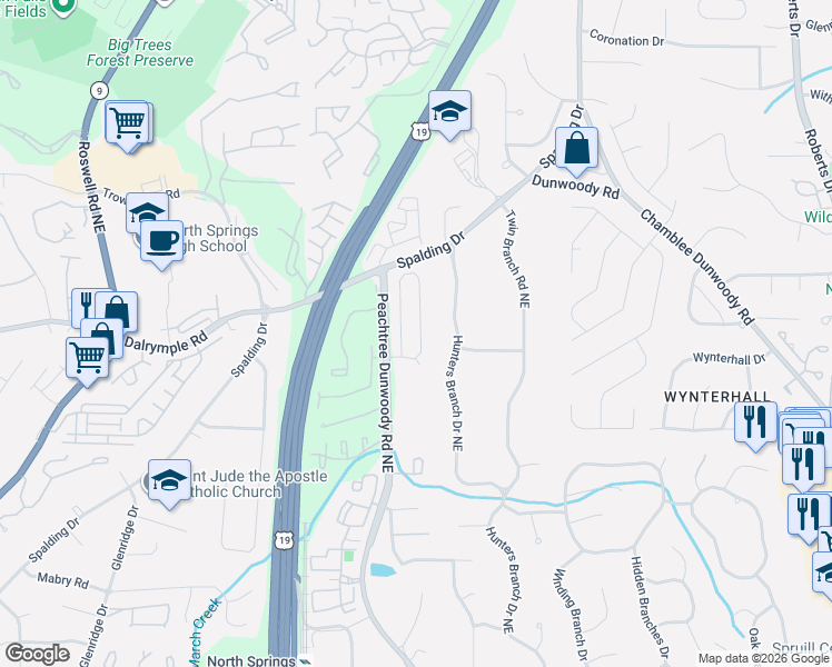 map of restaurants, bars, coffee shops, grocery stores, and more near 540 Wembley Circle in Atlanta
