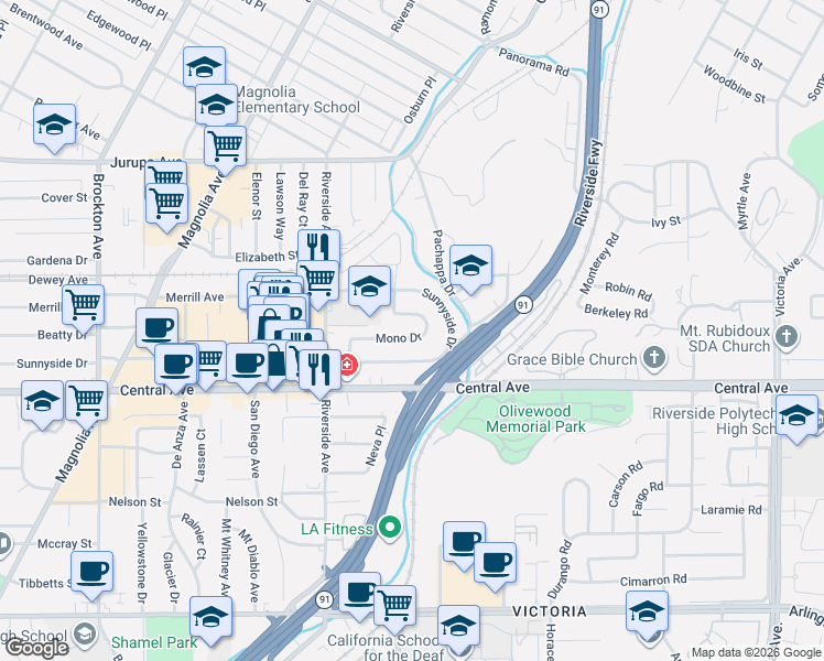map of restaurants, bars, coffee shops, grocery stores, and more near 3410 Mono Drive in Riverside