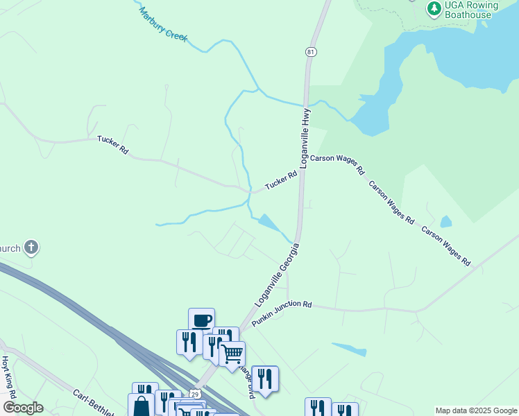 map of restaurants, bars, coffee shops, grocery stores, and more near 414 Tucker Road in Winder