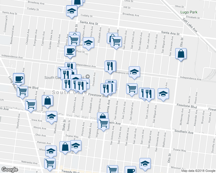 map of restaurants, bars, coffee shops, grocery stores, and more near 8665 California Avenue in South Gate