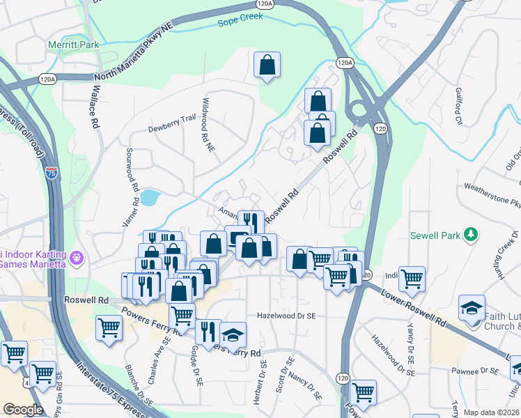map of restaurants, bars, coffee shops, grocery stores, and more near 1675 Roswell Road in Marietta