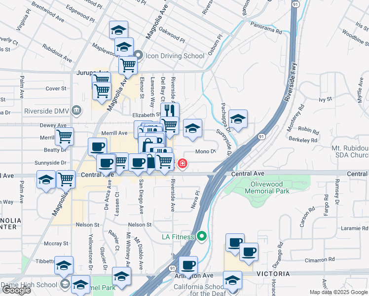 map of restaurants, bars, coffee shops, grocery stores, and more near 3483 Mono Drive in Riverside