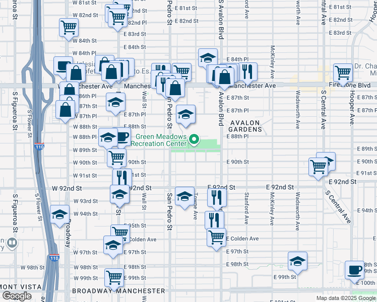 map of restaurants, bars, coffee shops, grocery stores, and more near 8901 Towne Avenue in Los Angeles