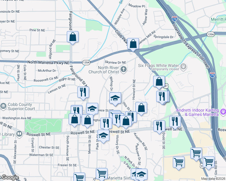 map of restaurants, bars, coffee shops, grocery stores, and more near 176 Bishop Drive in Marietta