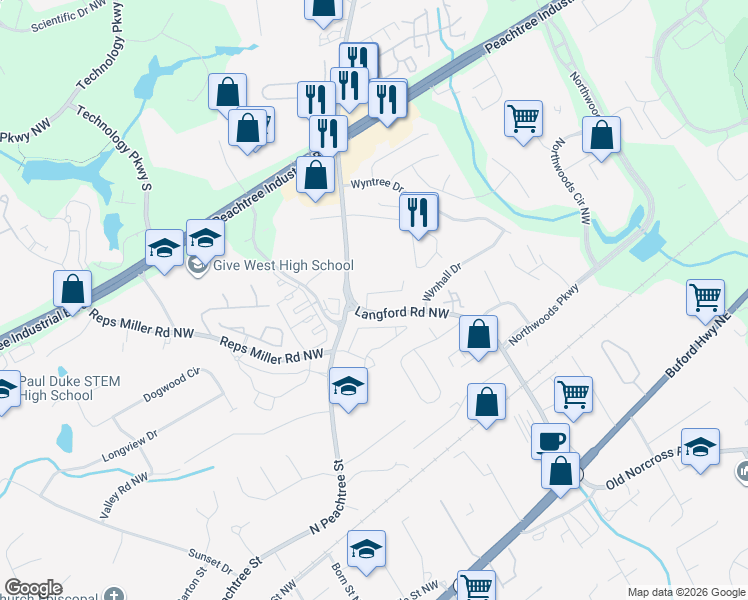 map of restaurants, bars, coffee shops, grocery stores, and more near 3164 Corner Oak Drive in Norcross