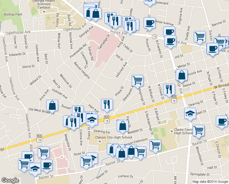 map of restaurants, bars, coffee shops, grocery stores, and more near 270 Plaza Street in Athens