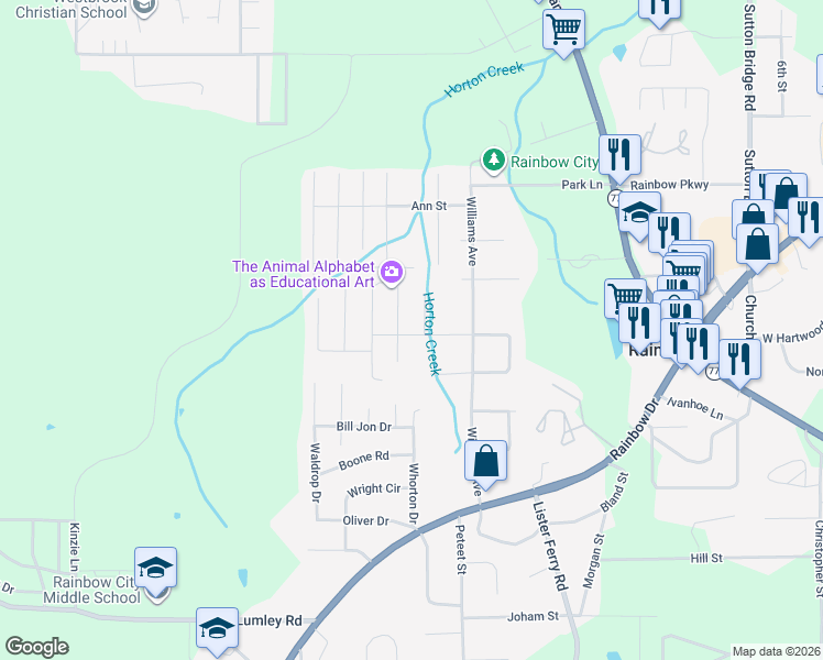 map of restaurants, bars, coffee shops, grocery stores, and more near 109 Covered Bridge Road in Rainbow City