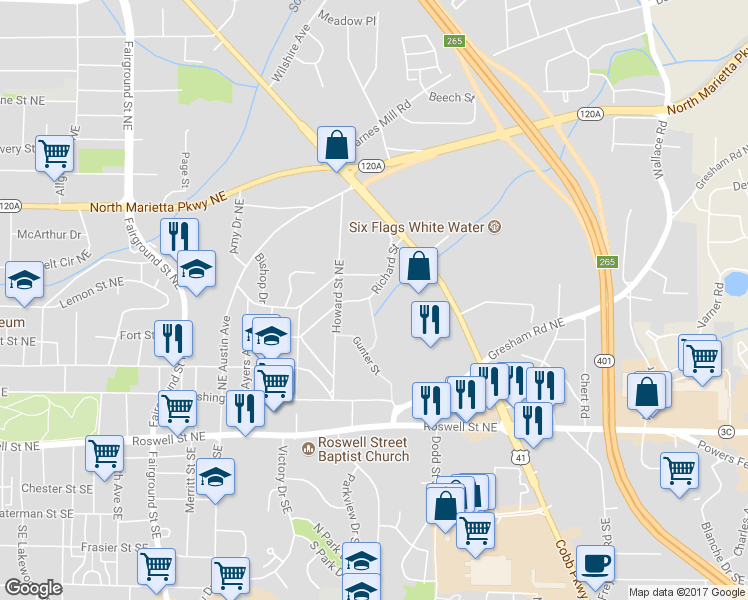 map of restaurants, bars, coffee shops, grocery stores, and more near 876 Richard Street in Marietta