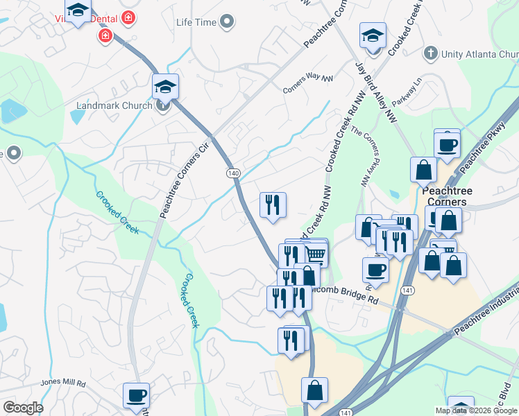 map of restaurants, bars, coffee shops, grocery stores, and more near in Peachtree Corners