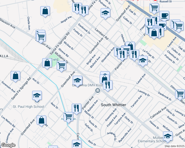 map of restaurants, bars, coffee shops, grocery stores, and more near 13200 Somerset Street in Whittier