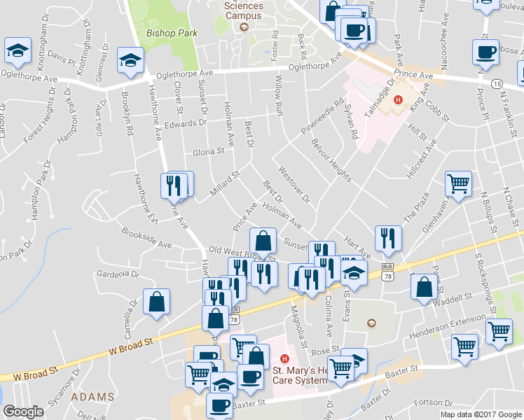 map of restaurants, bars, coffee shops, grocery stores, and more near 270 Holman Avenue in Athens