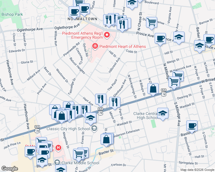 map of restaurants, bars, coffee shops, grocery stores, and more near 270 The Plaza in Athens