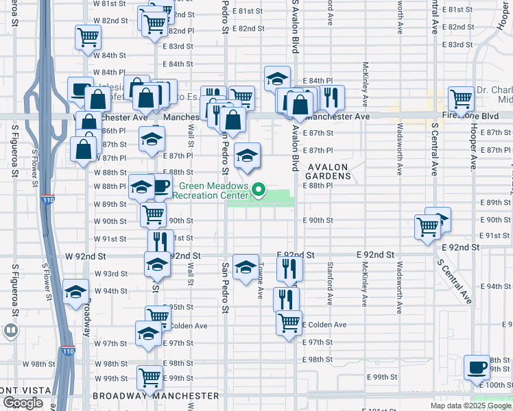map of restaurants, bars, coffee shops, grocery stores, and more near 8901 Towne Avenue in Los Angeles