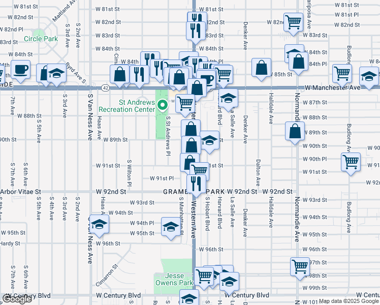 map of restaurants, bars, coffee shops, grocery stores, and more near 8929 South Western Avenue in Los Angeles