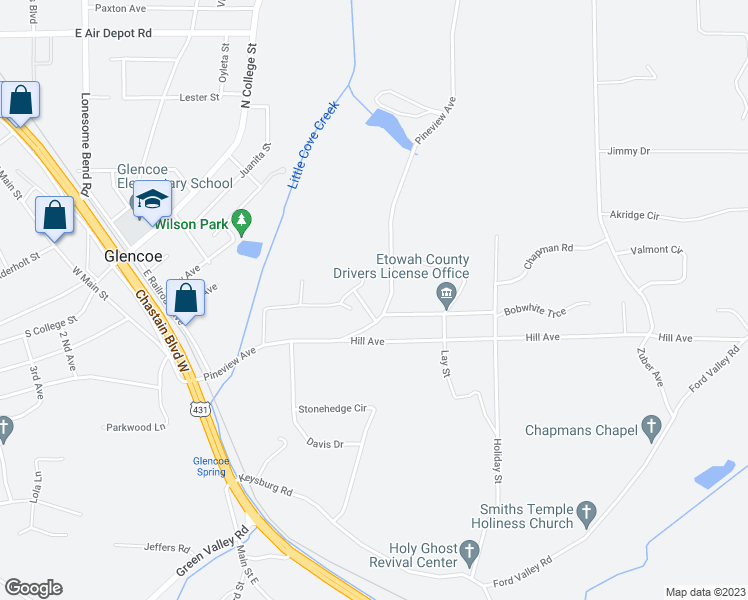 map of restaurants, bars, coffee shops, grocery stores, and more near 509 Pineview Avenue in Gadsden