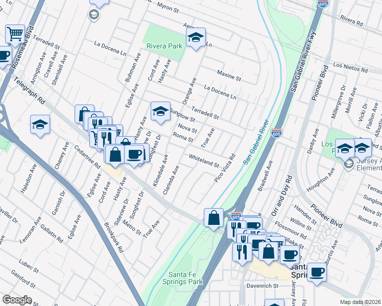 map of restaurants, bars, coffee shops, grocery stores, and more near 9715 Whiteland Street in Pico Rivera