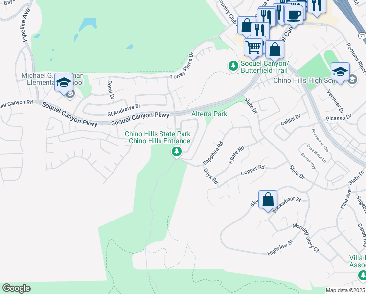 map of restaurants, bars, coffee shops, grocery stores, and more near 16395 Starstone Road in Chino Hills