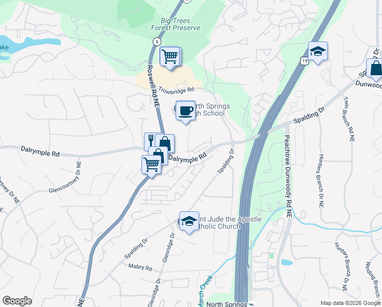 map of restaurants, bars, coffee shops, grocery stores, and more near 750 Dalrymple Road in Sandy Springs