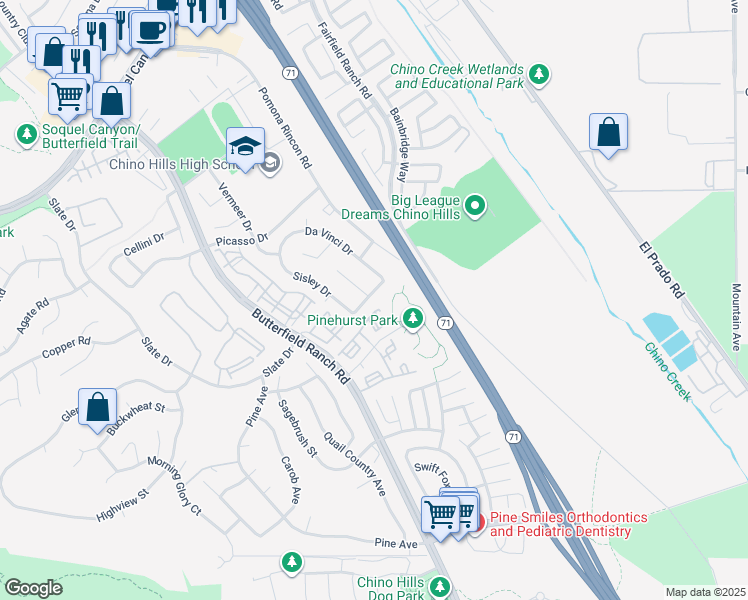 map of restaurants, bars, coffee shops, grocery stores, and more near 5545 Veronese Drive in Chino Hills