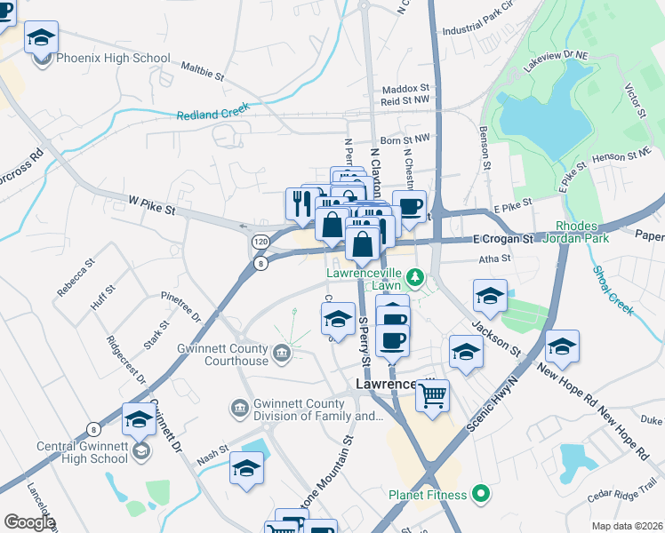 map of restaurants, bars, coffee shops, grocery stores, and more near 257 West Crogan Street in Lawrenceville