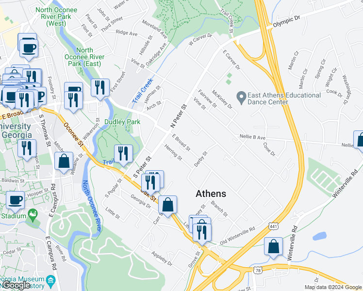 map of restaurants, bars, coffee shops, grocery stores, and more near 1452 East Broad Street in Athens