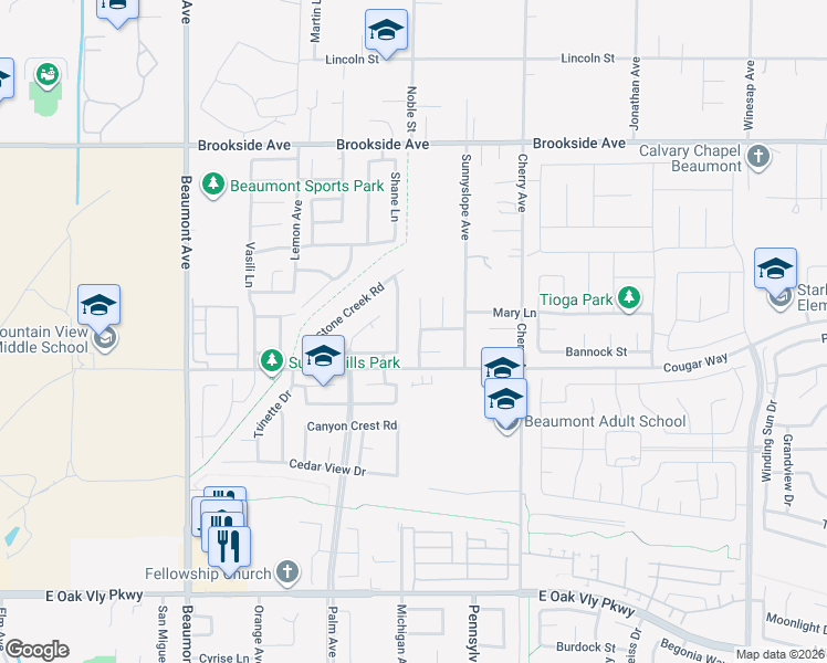 map of restaurants, bars, coffee shops, grocery stores, and more near 1627 Quail Summit Drive in Beaumont