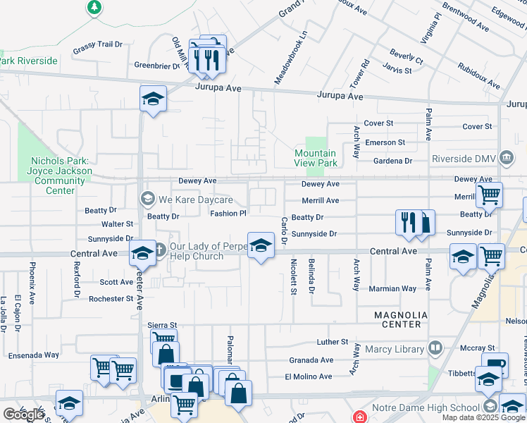 map of restaurants, bars, coffee shops, grocery stores, and more near 6384 Lionel Court in Riverside