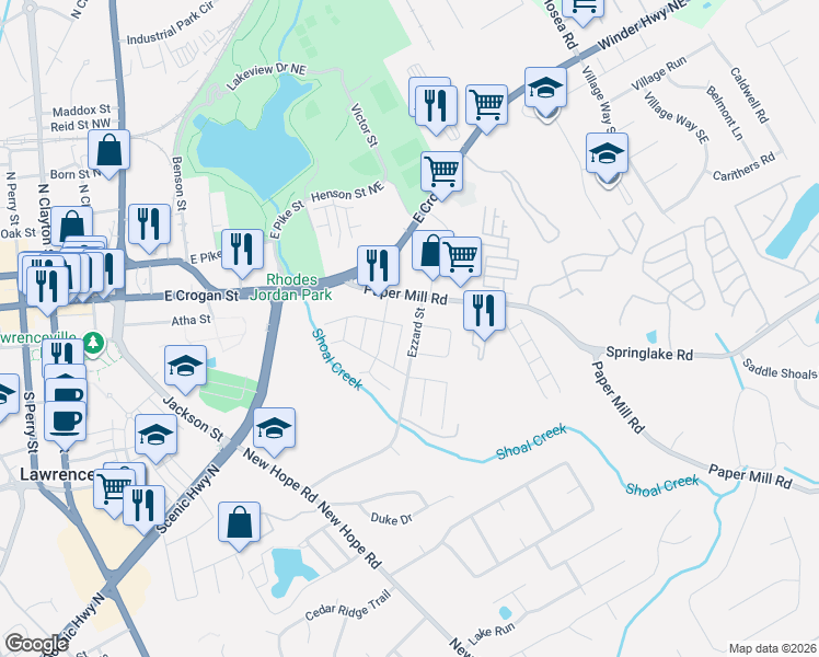 map of restaurants, bars, coffee shops, grocery stores, and more near 268 Pine Valley Circle in Lawrenceville