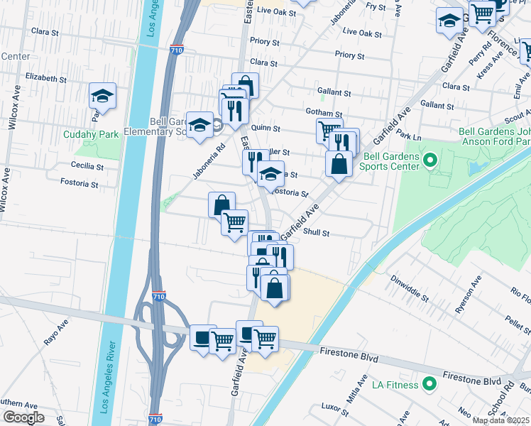 map of restaurants, bars, coffee shops, grocery stores, and more near 8329 Eastern Avenue in Bell Gardens