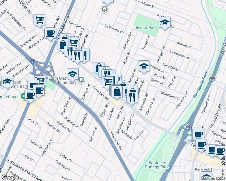 map of restaurants, bars, coffee shops, grocery stores, and more near 9425 Telegraph Road in Pico Rivera