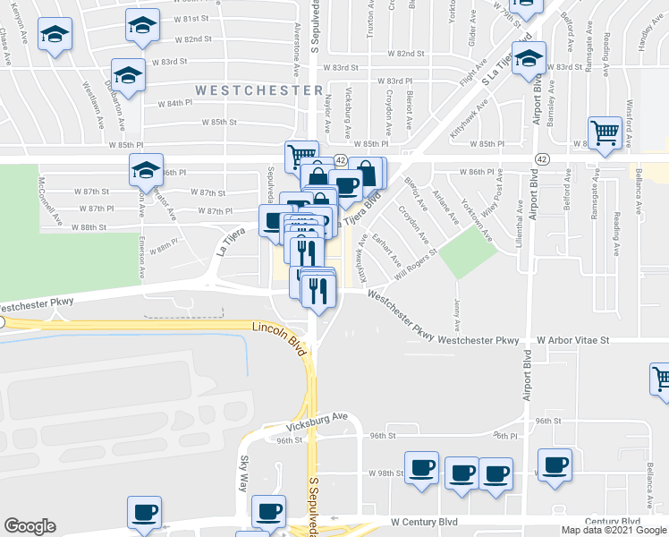map of restaurants, bars, coffee shops, grocery stores, and more near 8915 Sepulveda Eastway in Los Angeles