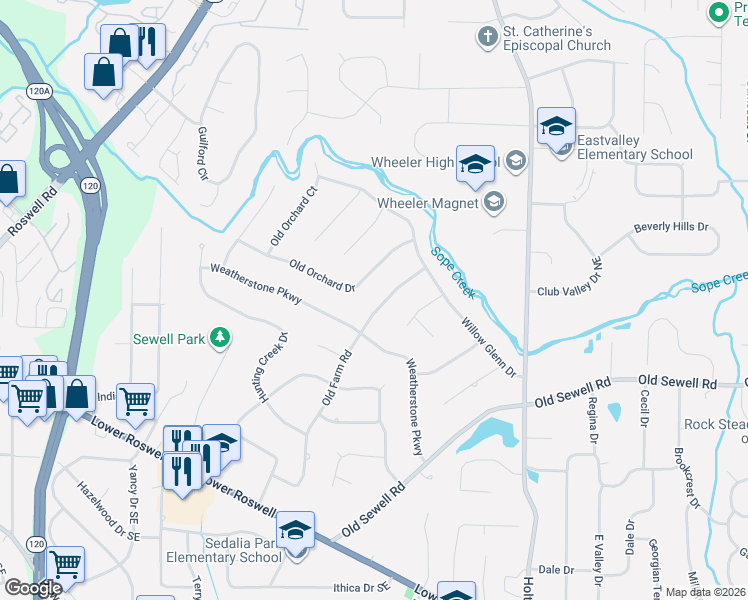 map of restaurants, bars, coffee shops, grocery stores, and more near 195 Old Farm Road in Marietta