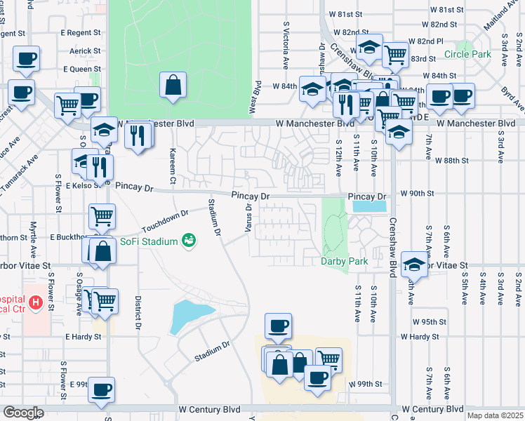 map of restaurants, bars, coffee shops, grocery stores, and more near 9043 Cullen Way in Inglewood