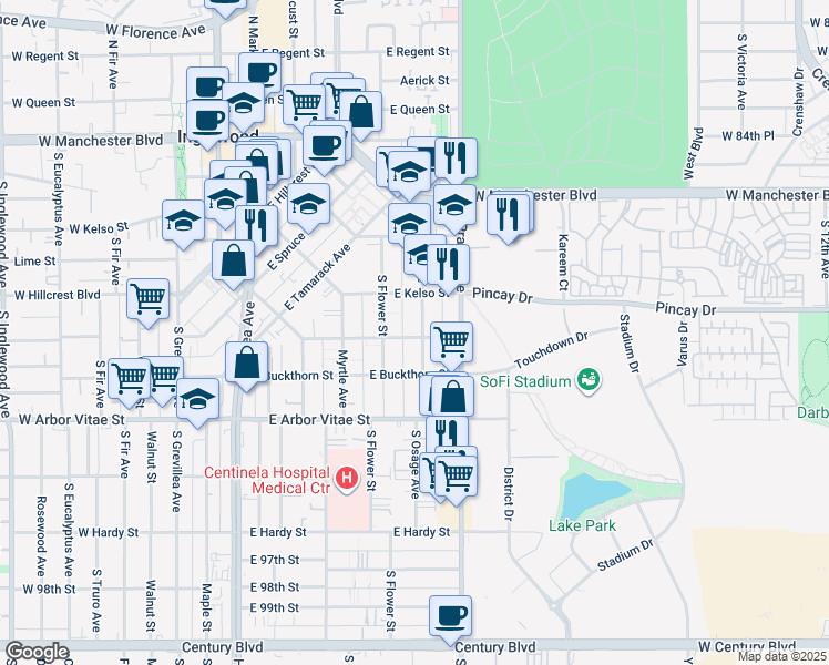 map of restaurants, bars, coffee shops, grocery stores, and more near 633 South Osage Avenue in Inglewood