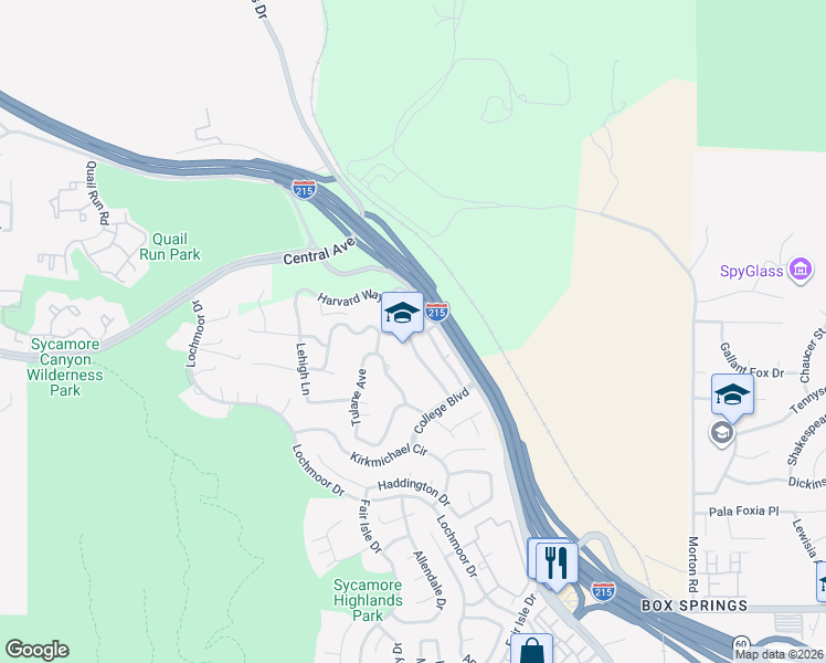 map of restaurants, bars, coffee shops, grocery stores, and more near 20369 Harvard Way in Riverside