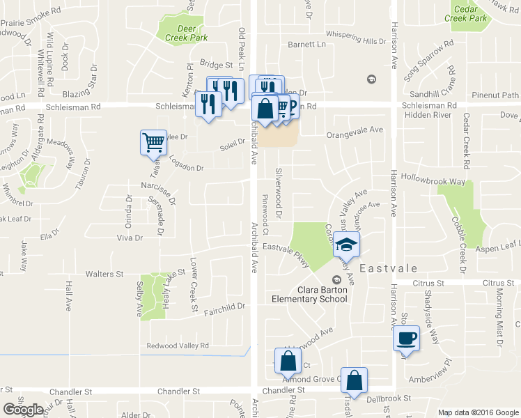 map of restaurants, bars, coffee shops, grocery stores, and more near 7291 Pinewood Court in Corona