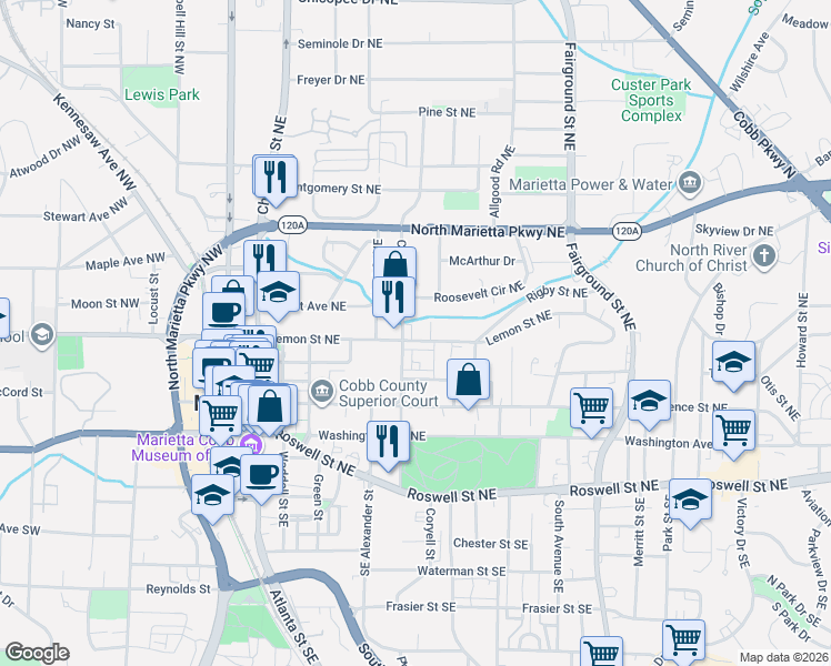 map of restaurants, bars, coffee shops, grocery stores, and more near 216 Elsworthy Place in Marietta