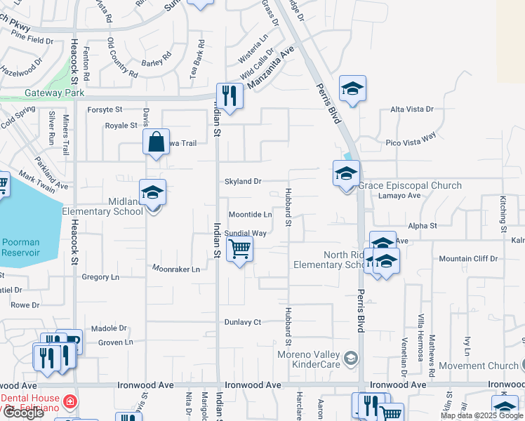 map of restaurants, bars, coffee shops, grocery stores, and more near 24824 Moontide Lane in Moreno Valley