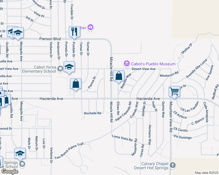 map of restaurants, bars, coffee shops, grocery stores, and more near 12853 Miracle Hill Road in Desert Hot Springs