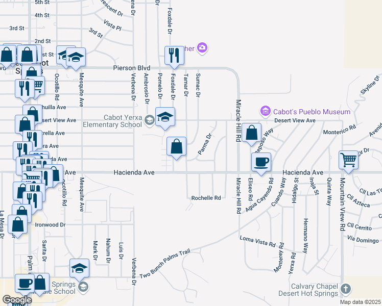 map of restaurants, bars, coffee shops, grocery stores, and more near 12801 Tamar Drive in Desert Hot Springs