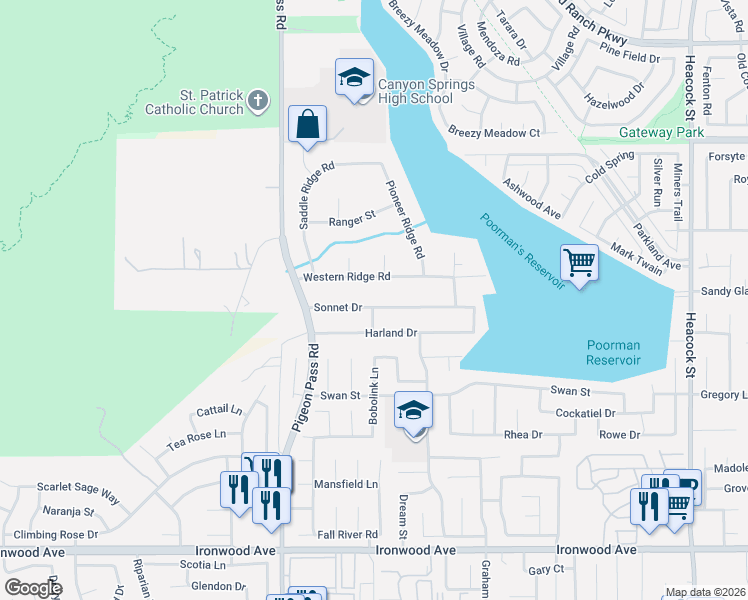 map of restaurants, bars, coffee shops, grocery stores, and more near 23192 Sonnet Drive in Moreno Valley